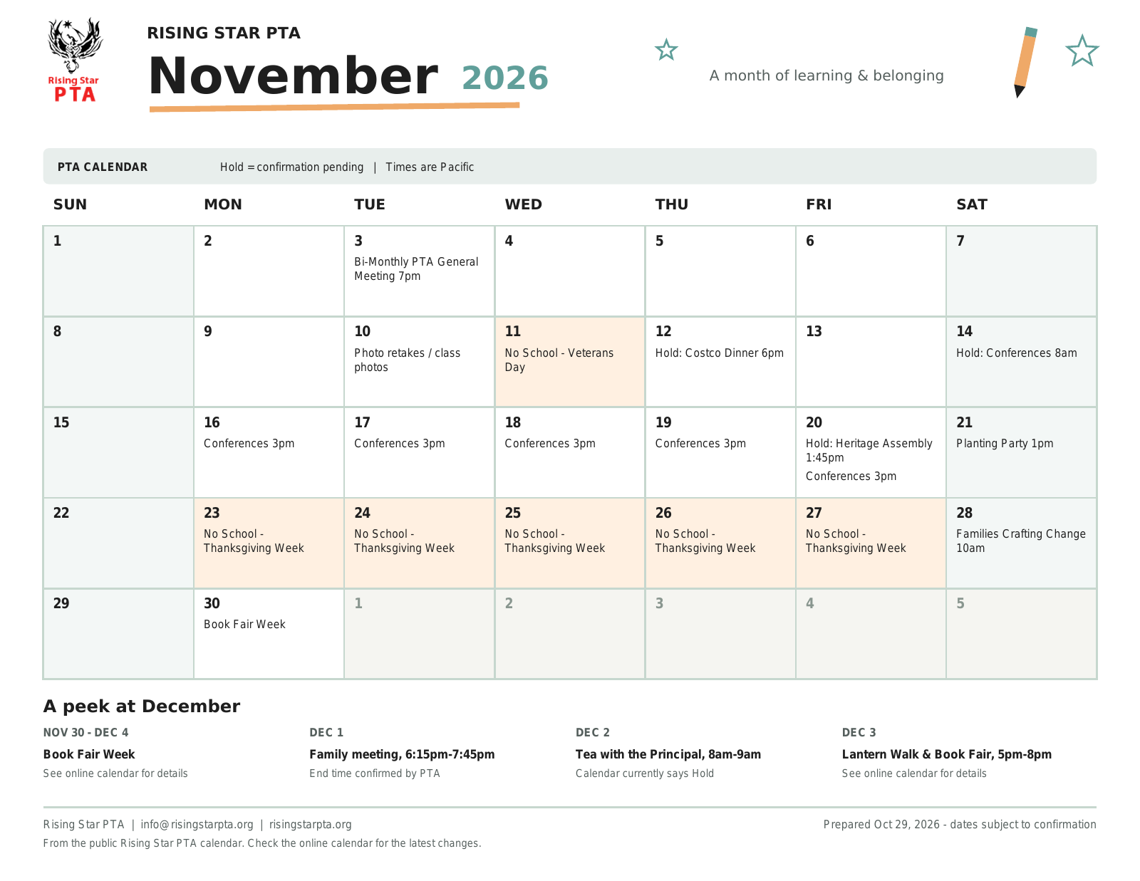 Rising Star PTA printable monthly calendar